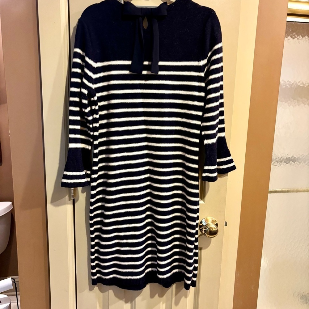Talbots Navy and White Striped Long Sleeve Cable Knit Sweater Dress - Picture 3 of 8